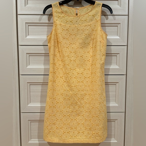 Butter Yellow White House | Black Market Eyelet Embroidered Floral Sheath Dress - Picture 9 of 11